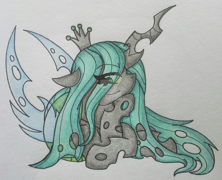 Size: 1600x1298 | Tagged: artist:kitistrasza, changeling, changeling queen, derpibooru import, female, queen chrysalis, safe, sassy, solo, traditional art, watermark