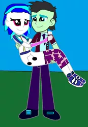 Size: 707x1024 | Tagged: safe, artist:cg1995, derpibooru import, neon lights, rising star, vinyl scratch, equestria girls, friendship games, bridal carry, clothes, crystal prep academy uniform, female, male, school uniform, shipping, straight, vinylights