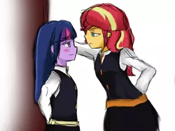 Size: 861x646 | Tagged: safe, artist:angeltorchic, derpibooru import, sunset shimmer, twilight sparkle, equestria girls, against wall, arm behind back, blushing, canterlot academia, clothes, female, kabedon, lesbian, little witch academia, looking at each other, shipping, sunsetsparkle