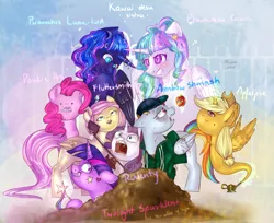 Size: 2145x1748 | Tagged: suggestive, artist:segraece, derpibooru import, applejack, fluttershy, pinkie pie, princess celestia, princess luna, rainbow dash, rarity, twilight sparkle, twilight sparkle (alicorn), alicorn, cyclops, genie, genie pony, pony, alternate hairstyle, applecorn, baseball cap, cap, excuse me whaaaat, hat, horn jewelry, jacker, jewelry, lamp, magic lamp, mane six, race swap, wand, wat, wtf