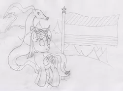Size: 1808x1341 | Tagged: safe, artist:parclytaxel, derpibooru import, oc, oc:parcly taxel, oc:spindle, unofficial characters only, alicorn, pony, windigo, albumin flask, alicorn oc, flag, lineart, looking up, monochrome, mountain, mountain range, pencil drawing, traditional art, windigo oc