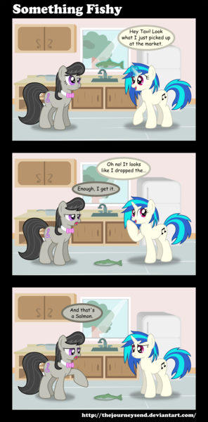 Size: 1700x3450 | Tagged: safe, artist:thejourneysend, derpibooru import, octavia melody, vinyl scratch, earth pony, fish, pony, salmon, unicorn, comic, dead, drop the bass, fail, female, mare, pun