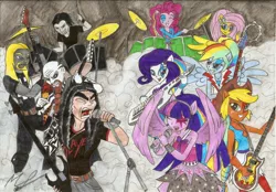 Size: 2338x1630 | Tagged: safe, artist:metaldudepl666, derpibooru import, applejack, fluttershy, pinkie pie, rainbow dash, rarity, twilight sparkle, equestria girls, rainbow rocks, bass guitar, battle of the bands, dave lombardo, drums, flying v, guitar, heavy metal, jeff hanneman, kerry king, keytar, metal, musical instrument, ponied up, rock, singing, slayer, tambourine, the rainbooms, thrash metal, tom araya