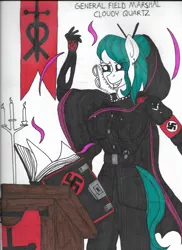 Size: 1700x2338 | Tagged: grimdark, artist:aboveall3, derpibooru import, cloudy quartz, anthro, earth pony, alternate costumes, alternate hairstyle, alternate universe, breasts, busty cloudy quartz, ear piercing, earring, female, glasses, jewelry, mare, nazi, nazi armband, nazi germany, nazipone, occult, occultist, pentagram, piercing, smiling, swastika, traditional art