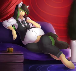 Size: 1280x1181 | Tagged: suggestive, artist:nsfwbonbon, derpibooru import, oc, oc:verdant ardea, unofficial characters only, anthro, earth pony, unguligrade anthro, bartender, belly, big belly, couch, explicit source, female, mare, pregnant, solo, solo female, tongue out