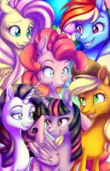 Size: 600x927 | Tagged: safe, artist:arcadianphoenix, derpibooru import, applejack, fluttershy, pinkie pie, rainbow dash, rarity, twilight sparkle, twilight sparkle (alicorn), alicorn, pony, balloon, grin, mane six, smiling, tongue out, watermark