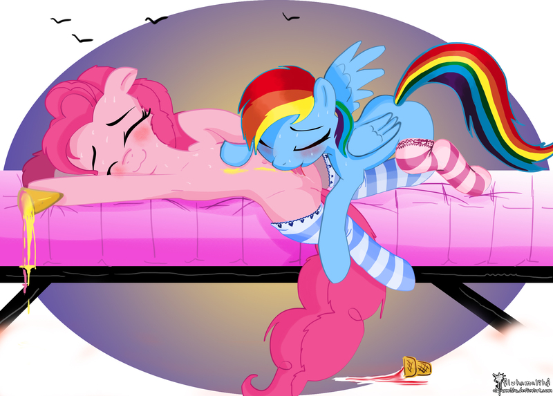 Size: 2286x1638 | Tagged: questionable, artist:helenasherzblut, derpibooru import, pinkie pie, rainbow dash, earth pony, pegasus, pony, :3, armpits, belly button, blushing, clothes, eyes closed, female, food, ice cream, lesbian, licking, mare, on back, pinkiedash, shipping, socks, striped socks, sweat, tongue out
