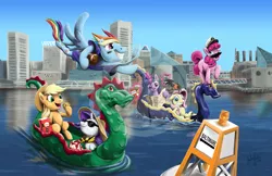 Size: 765x495 | Tagged: safe, artist:zene, derpibooru import, applejack, fluttershy, pinkie pie, rainbow dash, rarity, twilight sparkle, twilight sparkle (alicorn), alicorn, pony, ball, baltimare, boat, buoy, clothes, harbor, hat, jersey, mane six, map, moustache, sunglasses, watermark