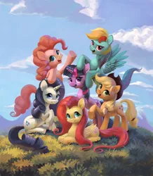 Size: 1048x1200 | Tagged: dead source, safe, artist:maggwai, derpibooru import, applejack, fluttershy, pinkie pie, rainbow dash, rarity, twilight sparkle, earth pony, pegasus, pony, unicorn, female, looking at you, mane six, mane six opening poses, mare, open mouth, outdoors, scene interpretation, smiling, unicorn twilight