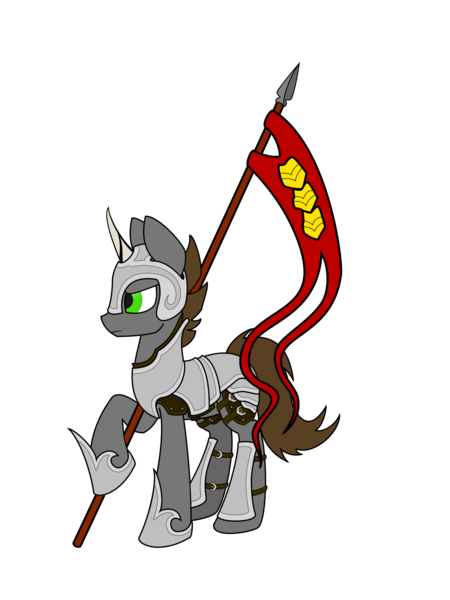 Size: 1500x2000 | Tagged: safe, artist:renderstarfall, derpibooru import, oc, oc:ren, unofficial characters only, pony, unicorn, angry, armor, flag, solo, spear, weapon