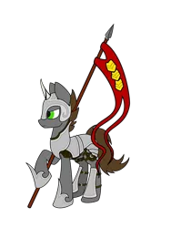 Size: 1500x2000 | Tagged: safe, artist:renderstarfall, derpibooru import, oc, oc:ren, unofficial characters only, pony, unicorn, angry, armor, flag, solo, spear, weapon