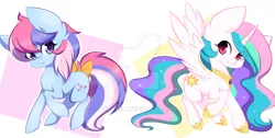 Size: 1024x515 | Tagged: :3, artist:teranen, colored pupils, cute, cutelestia, derpibooru import, g1, g1 to g4, generation leap, looking at you, princess celestia, raised hoof, safe, smiling, spread wings, sweet stuff, sweet sweet stuff, tail bow, watermark