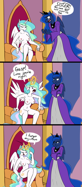 Size: 736x1674 | Tagged: questionable, artist:whatsapokemon, derpibooru import, princess celestia, princess luna, anthro, belly button, breasts, casual nudity, clothed female nude female, clothes, comic, comically missing the point, crossed legs, dress, duo, duo female, exhibitionism, eye contact, eyes closed, female, frown, gasp, glare, jewelry, levitation, luna is not amused, magic, nipples, nudity, open mouth, practitioner of naturism, public nudity, sillestia, silly, sitting, telekinesis, tiara, trollestia, unamused, unembarrassed nude female, wide eyes