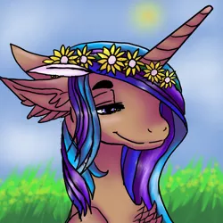 Size: 1730x1730 | Tagged: safe, artist:brainiac, derpibooru import, oc, oc:rose sniffer, unofficial characters only, pony, unicorn, bust, cute, female, floral head wreath, mare, portrait, solo