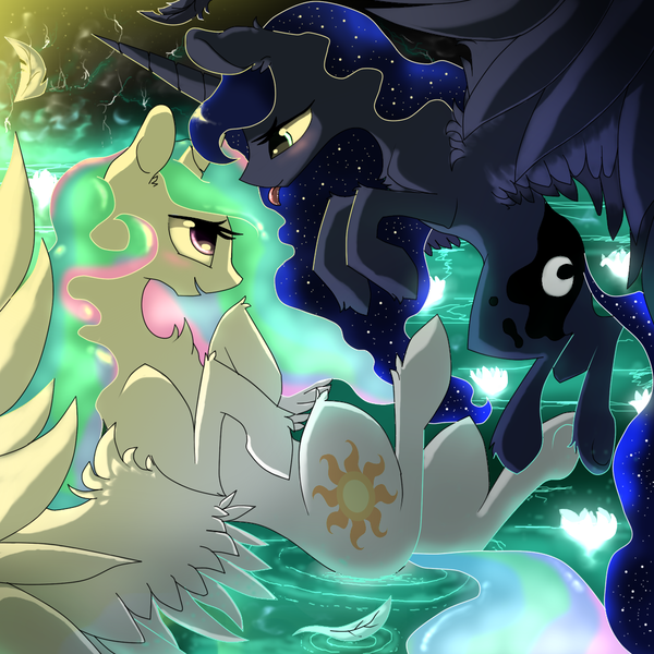 Size: 1024x1024 | Tagged: safe, artist:96paperkuts, derpibooru import, princess celestia, princess luna, :p, bedroom eyes, blushing, cave, eye contact, female, flower, fluffy, flying, incest, lesbian, missing accessory, morning, on back, open mouth, pond, princest, shipping, sisters, smiling, spread wings, tongue out, underhoof