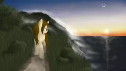 Size: 1920x1080 | Tagged: safe, artist:eagle1division, derpibooru import, oc, oc:dynamic canvas, unofficial characters only, fog, mist, moon, mountain, ocean, scenery, shore, sunset, wet mane