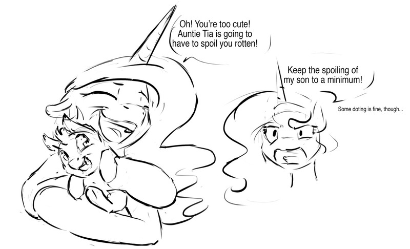 Size: 1280x777 | Tagged: safe, artist:silfoe, derpibooru import, princess celestia, princess luna, oc, oc:pterus, alicorn, bat pony, pony, other royal book, royal sketchbook, adopted offspring, black and white, cute, dialogue, doodle, female, grayscale, mare, monochrome, parent:princess luna, parent:twilight sparkle, parents:twiluna, royal sisters, simple background, speech bubble, white background