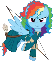 Size: 1629x1878 | Tagged: safe, artist:cloudyglow, derpibooru import, rainbow dash, pegasus, pony, brave, clothes, clothes swap, cosplay, costume, disney, female, mare, merida, pixar, simple background, solo, spread wings, transparent background, vector, wings