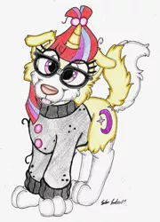 Size: 1050x1458 | Tagged: artist:silversimba01, clothes, derpibooru import, dog, dogified, fanart, female, furry, gal, glasses, moondancer, safe, solo, species swap, sweater, traditional art