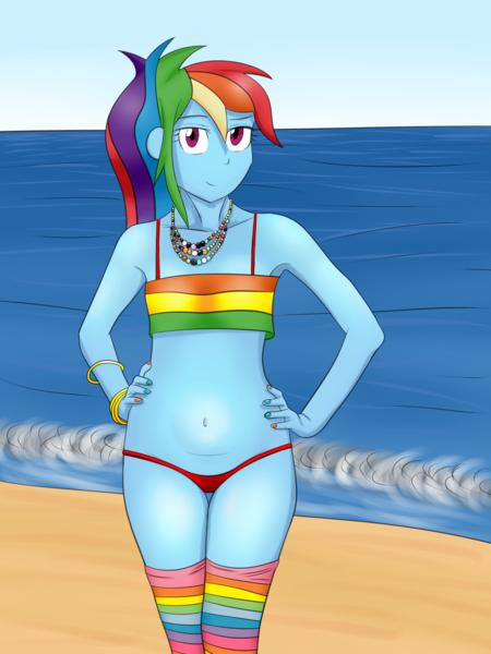 Size: 2448x3264 | Tagged: suggestive, artist:horsecat, derpibooru import, rainbow dash, equestria girls, armpits, breasts, clothes, delicious flat chest, female, ocean, rainbow flat, rainbow socks, socks, solo, solo female, striped socks, swimsuit