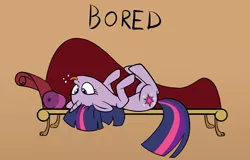 Size: 1196x765 | Tagged: safe, artist:lovepaddles, derpibooru import, twilight sparkle, pony, bored, couch, fainting couch, majestic as fuck, on back, raised hoof, raspberry, silly, silly pony, solo, text, tongue out, upside down