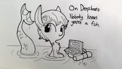Size: 1677x953 | Tagged: safe, artist:tjpones, derpibooru import, oc, unofficial characters only, fish, merpony, pony, derpibooru, chest fluff, colored, computer, cute, ear piercing, fangs, female, gills, hair ornament, laptop computer, lineart, looking at you, mare, maybe salmon, meta, monochrome, on the internet nobody knows you're a dog, op is a fish, piercing, scales, seashell, smiling, solo, traditional art, wat, water, wet