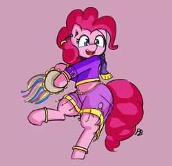 Size: 1280x1237 | Tagged: safe, artist:pabbley, derpibooru import, pinkie pie, friendship is witchcraft, belly button, bipedal, clothes, cute, diapinkes, ear fluff, gypsy pie, midriff, musical instrument, open mouth, purple background, simple background, solo, tambourine