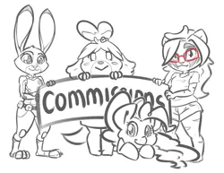 Size: 1280x989 | Tagged: animal crossing, animal crossing: new leaf, artist:leadhooves, commission, crossover, derpibooru import, isabelle, judy hopps, oc, oc:kneaded rubber, pinkie pie, safe, zootopia