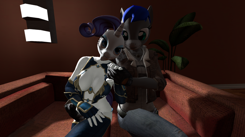 Size: 1920x1080 | Tagged: safe, artist:kombatantchampion, derpibooru import, rarity, oc, oc:dark shadow, anthro, plantigrade anthro, 3d, canon x oc, clothes, romance, shipping, source filmmaker