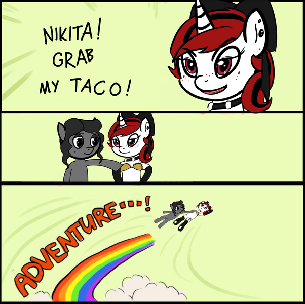 Size: 2996x2984 | Tagged: artist:manioo8, derpibooru import, flying, food, grab my meme, meme, oc, oc:lilith, oc:nikita, safe, taco, taco bra, unofficial characters only