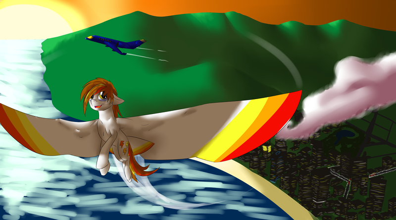 Size: 5759x3198 | Tagged: safe, artist:bravefleet, derpibooru import, oc, oc:brave fleet, unofficial characters only, pegasus, pony, beach, city, cloud, dat background, dat one wing, fast, flight, flying, high, island, large wings, ocean, plane, scenery, sky, sky high, solo, speed, sun, sunset