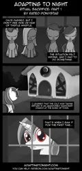 Size: 960x2000 | Tagged: safe, artist:terminuslucis, derpibooru import, vinyl scratch, oc, earth pony, pony, unicorn, comic:adapting to night, comic:adapting to night: ritual sacrifice, comic, cult, filly, flashback, monochrome, neo noir, partial color