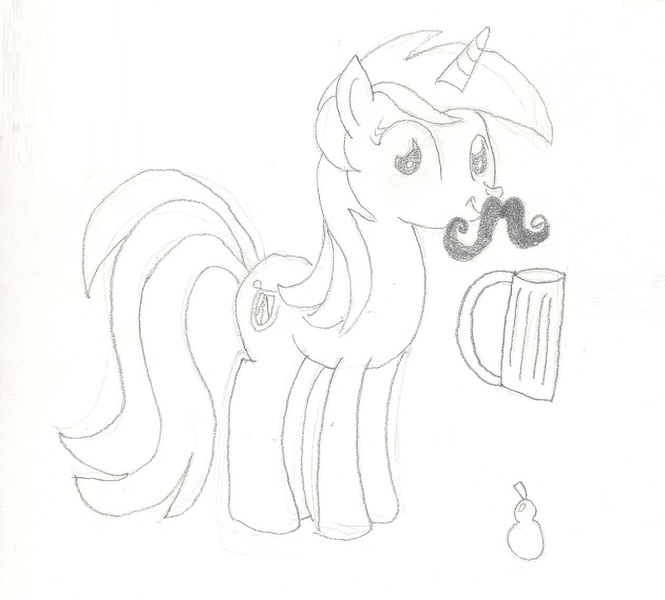 Size: 1260x1137 | Tagged: safe, artist:barryfrommars, derpibooru import, lyra heartstrings, pony, unicorn, food, grayscale, looking at you, monochrome, moustache, mug, pear, smiling, solo, traditional art