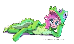 Size: 2004x1200 | Tagged: animal costume, artist:los-chainbird, clothes, cosplay, costume, cute, derpibooru import, diapinkes, fursuit, gummy, kigurumi, looking at you, lying down, pinkie pie, safe, solo