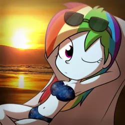 Size: 5000x5000 | Tagged: safe, artist:fj-c, derpibooru import, rainbow dash, equestria girls, absurd resolution, armpits, beach, belly button, bikini, clothes, cool starry bra, cute, looking at you, ocean, on back, one eye closed, solo, sunglasses, sunset, swimsuit, wink