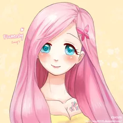 Size: 1000x1000 | Tagged: artist:amy30535, boobie mark, breasts, cleavage, cute, derpibooru import, female, fluttershy, human, humanized, safe, shyabetes, solo