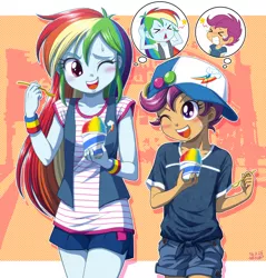 Size: 1100x1149 | Tagged: safe, artist:uotapo, derpibooru import, rainbow dash, scootaloo, equestria girls, baseball cap, blushing, brain freeze, clothes, colored pupils, cute, cutealoo, dashabetes, denim, female, food, hat, ice cream, one eye closed, open mouth, scootalove, shaved ice, shorts, sorbet, spoon, sweat, thought bubble, uotapo is trying to murder us, vest, wink