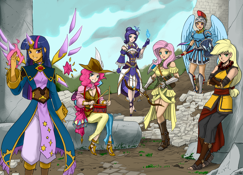 Size: 2000x1440 | Tagged: adventuring party, alicorn, applejack, archer, archmage, arrow, artist:johnjoseco, bard, bard pie, bow and arrow, bow (weapon), colored, color edit, colorist:lanceomikron, derpibooru import, dragoon, drums, drumsticks, dungeons and dragons, edit, enchantress, fantasy class, female, fluttershy, horn wand, human, humanized, knight, looking at you, mane six, monk, my little mages, open mouth, paladin, pinkie pie, rainbow dash, ranger, rarity, safe, shield, smiling, spear, twilight sparkle, twilight sparkle (alicorn), wand, warrior, weapon, winged humanization, wings, wizard