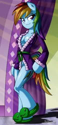 Size: 800x1721 | Tagged: suggestive, artist:xjkenny, derpibooru import, rainbow dash, anthro, pegasus, unguligrade anthro, applejack's "day" off, adorasexy, arm hooves, bathrobe, breasts, busty rainbow dash, cleavage, clothes, cute, dashabetes, female, mare, robe, sexy, slippers, solo, spa, strategically covered, tank slippers