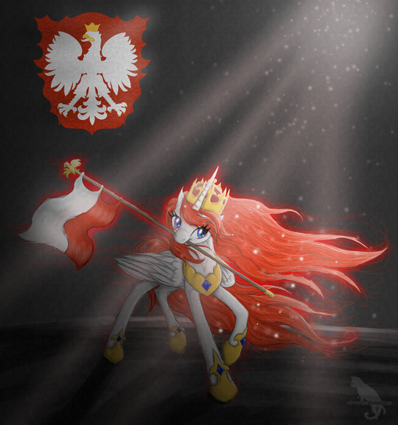 Size: 1719x1832 | Tagged: safe, artist:kocurzyca, derpibooru import, oc, oc:queen poland, ponified, unofficial characters only, alicorn, pony, alicorn oc, coat of arms, crepuscular rays, crown, female, flag, heraldry, jewelry, mare, mouth hold, nation ponies, poland, polish flag, princess, raised hoof, raised leg, red mane, regalia, smiling, solo, sparkles