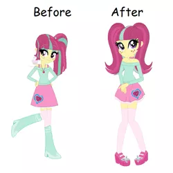 Size: 773x773 | Tagged: safe, artist:creepypastafran, derpibooru import, sour sweet, equestria girls, 1000 hours in ms paint, alternate universe, boots, clothes, high heels, ms paint, off shoulder, pigtails, pixel art, shoes, side ponytail, skirt, socks, thigh highs, zettai ryouiki