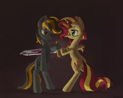 Size: 1000x800 | Tagged: grimdark, artist:fahu, derpibooru import, sunset shimmer, oc, oc:fahu, pony, unicorn, bipedal, blood, death, female, impalement, mare, ponysona, stabbing, sword, weapon