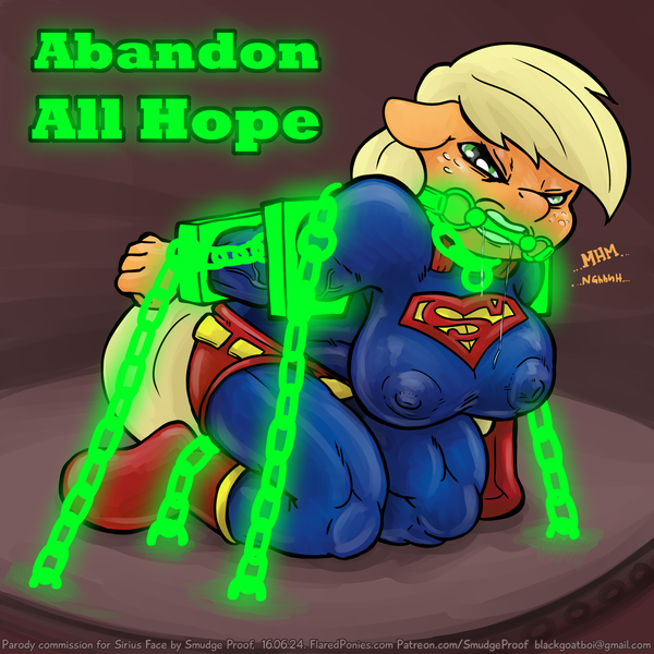 Size: 1500x1500 | Tagged: abandon all hope, angry, anthro, app-el, applejack, applejacked, artist:smudge proof, big breasts, bit gag, bondage, bound and gagged, breasts, busty applejack, chains, clothes, commission, derpibooru import, drool, erect nipples, fall of equestria, female, freckles, gag, kidnapped, kryptonite, muscles, nipple outline, nipples, questionable, semi-grimdark, solo, solo female, supermare, text, this will end in pain, unguligrade anthro