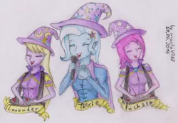 Size: 1200x831 | Tagged: safe, artist:marta4708, derpibooru import, fuchsia blush, lavender lace, trixie, equestria girls, rainbow rocks, female, traditional art, trixie and the illusions