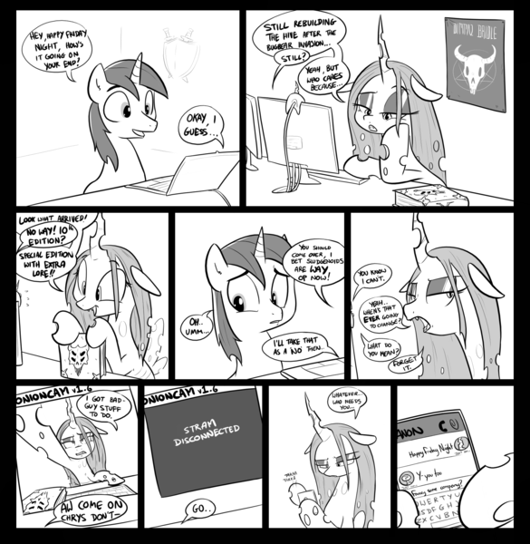 Size: 1589x1631 | Tagged: safe, artist:shoutingisfun, derpibooru import, queen chrysalis, shining armor, oc, oc:anon, changeling, human, pony, unicorn, black metal, book, chat, comic, computer, cute, cutealis, dialogue, dimmu borgir, disappointed, dork, dorkalis, eyeshadow, fangs, female, figurine, floppy ears, friday night, gaming, gaming miniature, hyperspace hyperwars, keyboard, laptop computer, lonely, makeup, male, miniature, mobile phone, monitor, monochrome, nerd, open mouth, phone, poster, sad, shield, sludgenoids, small horn, smiling, stallion, sword, texting, video call, weapon, webcam, y-you too