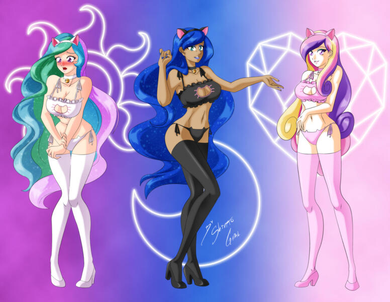 Size: 2786x2153 | Tagged: adorasexy, artist:shinta-girl, bell, bell collar, belly button, big breasts, black underwear, blushing, boob window, bra, breasts, busty princess cadance, busty princess celestia, busty princess luna, cat ears, cat keyhole bra set, cat lingerie, cleavage, clothes, collar, crop top bra, cute, cutedance, cutelestia, dark skin, dean cadance, derpibooru import, embarrassed, embarrassed underwear exposure, female, females only, frilly underwear, group, high heels, human, humanized, light skin, lingerie, lip bite, lunabetes, nail polish, panties, pink underwear, princess cadance, princess celestia, princess luna, principal celestia, sexy, side knot underwear, socks, sports bra, suggestive, thigh highs, trio, underwear, vice principal luna, white underwear