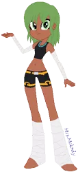 Size: 233x513 | Tagged: arm wraps, artist:giraffer98, artist:selenaede, athletic tape, base used, belly button, clothes, dark skin, derpibooru import, equestria girls-ified, foot wraps, leg wraps, midriff, oc, oc:knock out, pixel art, safe, solo, tanktop, tape, trunks, unofficial characters only