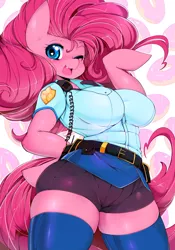 Size: 840x1200 | Tagged: :3, anthro, arm hooves, artist:slugbox, blushing, breasts, busty pinkie pie, clothes, derpibooru import, donut, female, food, mall cop, pinkie pie, police officer, shorts, socks, solo, solo female, suggestive, thigh highs, wink