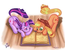 Size: 767x591 | Tagged: safe, artist:jowybean, derpibooru import, applejack, twilight sparkle, twilight sparkle (alicorn), alicorn, earth pony, pony, twijack weekly, book, cowboy hat, female, hat, lesbian, looking down, mare, prone, reading, shipping, smiling, stetson, twijack