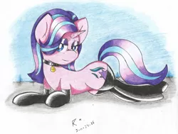 Size: 2055x1554 | Tagged: artist:lmlstaticdash, bedroom eyes, clothes, collar, derpibooru import, gloves, latex, latex gloves, latex socks, looking at you, on the floor, pet, pet play, pet tag, socks, solo, starlight glimmer, stockings, suggestive